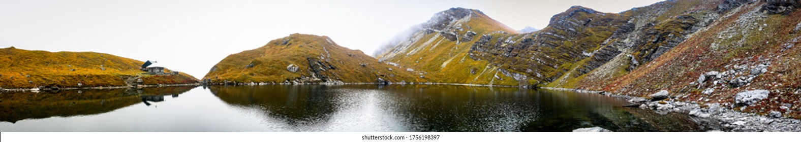 Panoramic View Of The Khayer Lake Also Known As Khayer Barah Above 4500 M From Sea Lake. Khopra Khayer Lake Trek, Nepal