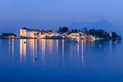 Panoramic View Of Lago Maggiore Lake With Isola Bella And Isola Madre Islands From Stresa, Italy, At Night