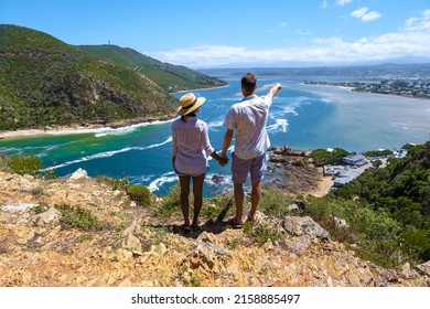 A panoramic view of the lagoon of Knysna, South Africa. beach in Knysna, Western Cape, South Africa. couple man and woman on a trip at the garden route 