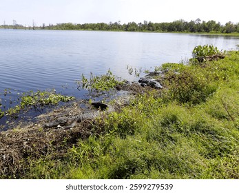 Panoramic view of the lake with alligators resting on lakeside