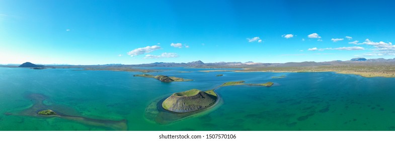 Panoramic View Of Lake Myvatn In Northern Iceland.Aerial View