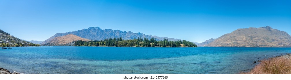 Panoramic View of Lake Wakatipu and the Remarkables from Lake front on a Summers Day in Queenstown New Zealand