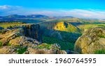 Panoramic view of landscape, Horns of Hattin mountain and Mount Nitay from Mount Arbel National Park. Northern Israel