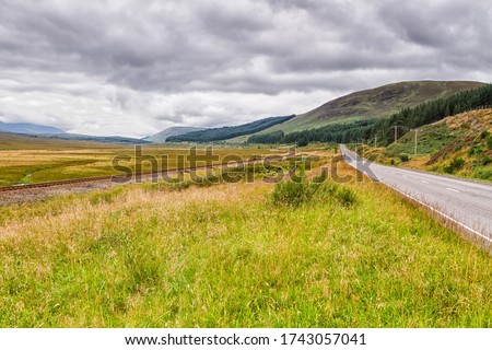 Similar – Moorland landscape with lake, grasses, trees and bizarre branches in water with reflection