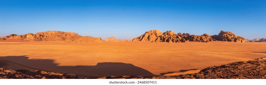 Panoramic view of landscape at Wadi Rum desert in Jordan at sunrise - Powered by Shutterstock