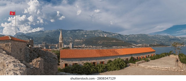 Panoramic view of the Library in the Citadel of the old town of Budva, Montenegro, from the fortress ramparts.
