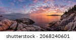 Panoramic view of a Lighthouse Park on a rocky coast during a dramatic cloudy sunset. Horseshoe Bay, West Vancouver, British Columbia, Canada. Nature Background