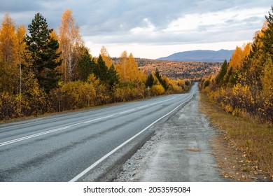 Panoramic view of the long straight road towards the mountains through the autumn forest. Travel to the mountains, family vacation, outing to nature in autumn, climbing and walking through the forest
