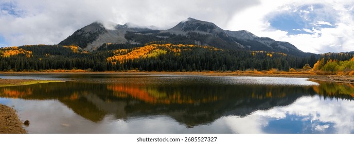 Panoramic view of Lost lake and reflection of East and west beckwith peaks in Colorado during autumn time.