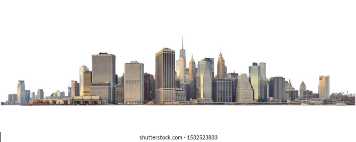 Panoramic view of Lower Manhattan from Brooklyn Heights - isolated on white. Clipping path included.