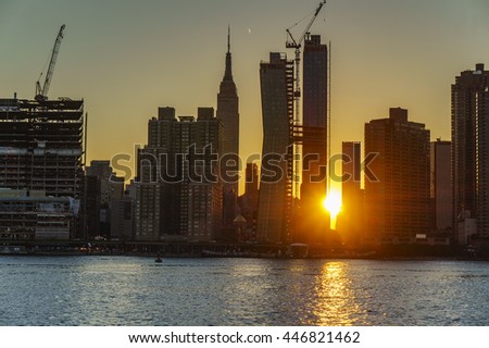 Panoramic view of lower Manhattan cityscape at sunset. New York City, USA.