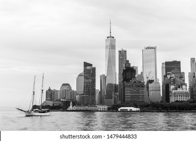 Panoramic view of Lower Manhattan and Jersey City, New York City, USA. Black and white image.
