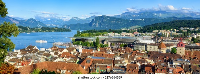 Panoramic view of Lucerne Old town, Lake Lucerne and swiss Alps mountains on a sunny summer day, Switzerland