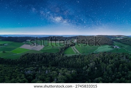 Panoramic view of lush fields and forests under a starlit sky at twilight in the countryside