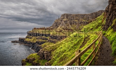 A panoramic view of a lush green hillside with a vast body of water on top at Giant's Causeway,  Bushmills, Northern Ireland, UK.