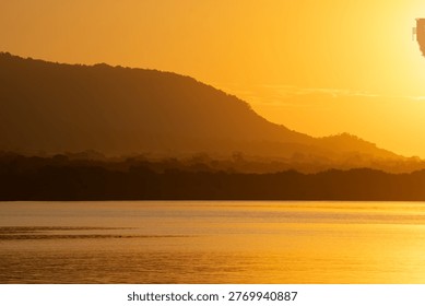 Panoramic view of lush mangrove forest and mountain range silhouettes under a warm golden morning sky.