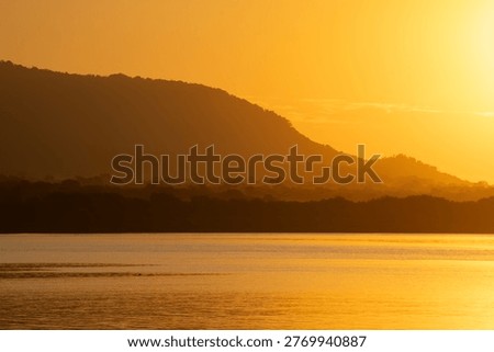 Panoramic view of lush mangrove forest and mountain range silhouettes under a warm golden morning sky.