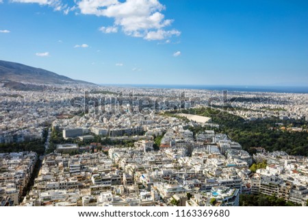 Panoramic view from Lycabettus hill of the city of athens in greece and kallimarmaro ancient stadium