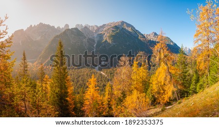 Panoramic view of magical nature in Dolomites at the national park Three Peaks (Tre Cime, Drei Zinnen) during sunset and golden Autumn, South Tyrol, Italy