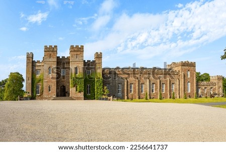 A panoramic view of the magnificent Scone Palace, historic building and attraction in the village of Scone and the city of Perth, Scotland
