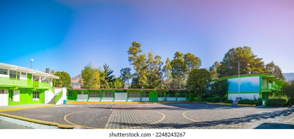 Panoramic view of the main courtyard of a high school without students on a quiet morning