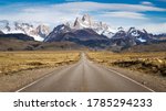 Panoramic view of the main street leading to the great mountains of Cerro Torre and Fitz Roy in El Chalten, Argentina