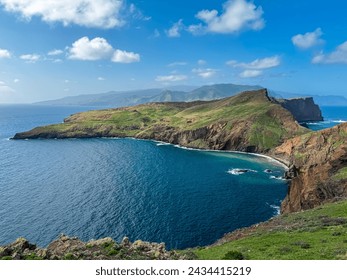 Panoramic view of majestic Atlantic Ocean coastline at Ponta de Sao Lourenco peninsula, Canical, Madeira island, Portugal, Europe. Coastal hiking trail along steep rocky rugged cliffs. Sea breeze. Awe - Powered by Shutterstock