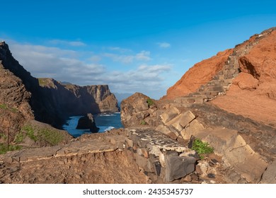 Panoramic view of majestic Atlantic Ocean coastline at Ponta de Sao Lourenco peninsula, Canical, Madeira island, Portugal, Europe. Coastal hiking trail along steep rocky rugged cliffs. Sea breeze. Awe - Powered by Shutterstock