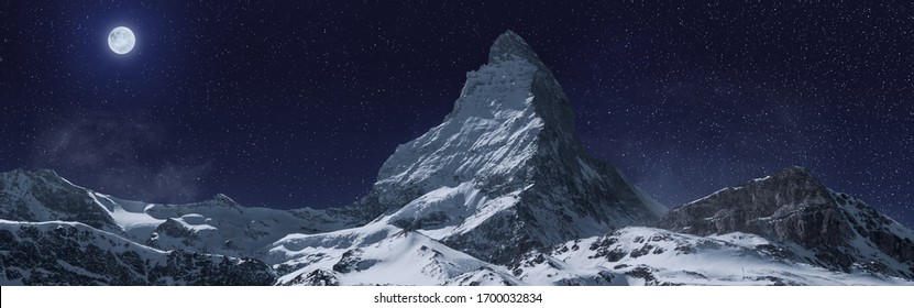 panoramic view to the majestic Matterhorn mountain at night. Valais, Switzerland