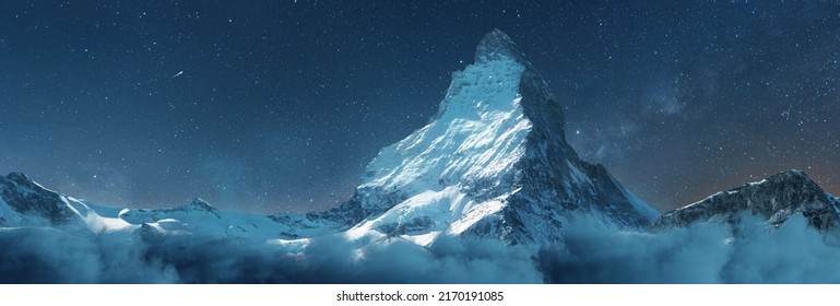 panoramic view to the majestic Matterhorn mountain at night with milky way - Powered by Shutterstock