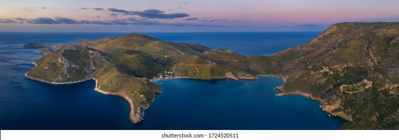 Panoramic View Of Mani Region. Wide Aerial Panorama Cape Matapan