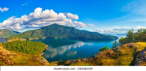 Panoramic View Of Maple Bay And Gulf Islands In The Pacific Ocean, Taken In Vancouver Island, Canada