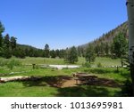 Panoramic view of a meadow campground high in the mountains. Lockett Meadow Campground in Flagstaff, Arizona, USA