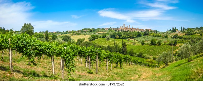 Panoramic view of the medieval town of San Gimignano on a hill, Tuscany, Italy