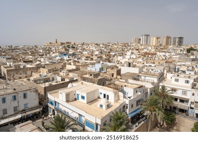 A panoramic view of the Medina of Sousse, Tunisia, showcasing the whitewashed buildings, blue doors, and palm trees. The image captures the vibrant atmosphere and rich history of the ancient city. - Powered by Shutterstock