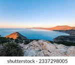 A  Panoramic View of the mediterranean Sea from the Summit of a Towering Peak.  seascape view of blue ocean and mountains from hilltop. Canastel Oran Algeria. Sunrise landscape of ocean coastline