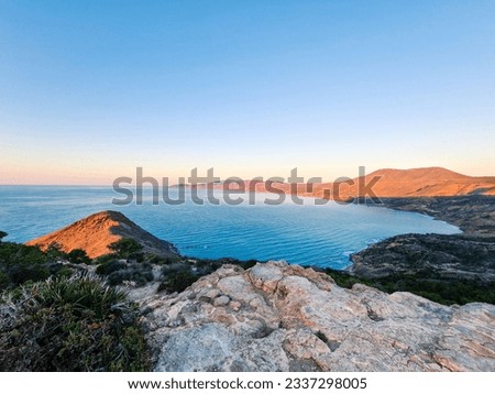  A  Panoramic View of the mediterranean Sea from the Summit of a Towering Peak.  seascape view of blue ocean and mountains from hilltop. Canastel Oran Algeria. Sunrise landscape of ocean coastline