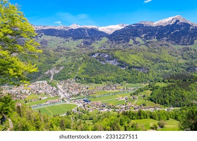 Panoramic view of Meiringen, near Reichenbach falls (Reichenbachfall) at the Swiss Alps in Switzerland