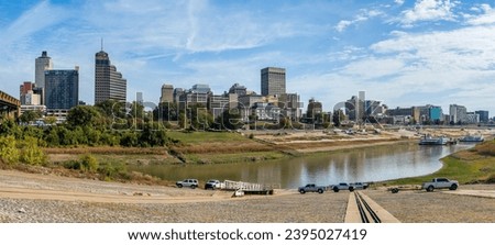 Panoramic view of Memphis Tennessee cityscape with low water levels in the Wolf River Harbor and slipway only just reaching the water