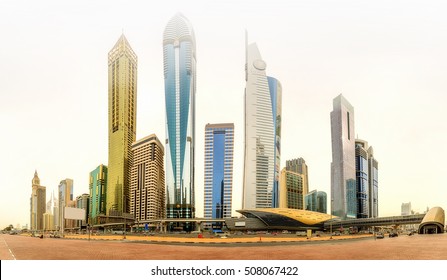 Panoramic View Of Metro Station And Road In Financial District, Dubai, UAE.