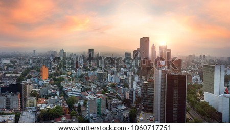 Panoramic View of Mexico City - Mexico. Reforma Paseo Mexico landmark at sunset time/