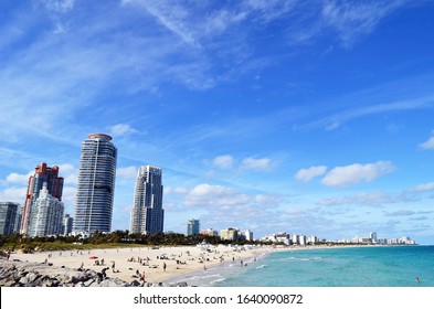 Panoramic View Of The Miami Beach Shoreline Looking North From Southpoine Park Fishing Pier/