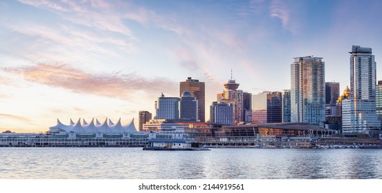 Panoramic View of Modern City Building Skyline on West Coast Pacific Ocean. Dramatic Sunrise Sky Art Render. Stanley Park, Coal Harbour, Downtown Vancouver, British Columbia, Canada. - Shutterstock ID 2144919561