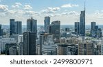 Panoramic view of modern skyscrapers and business centers in Warsaw. View of the city center from above. Warsaw, Poland.