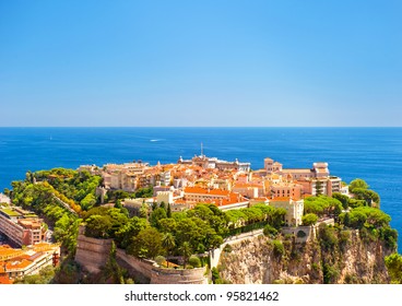 Panoramic view of Monaco with Prince's Palace and Oceanographic Museum. Cote d'Azur, french riviera