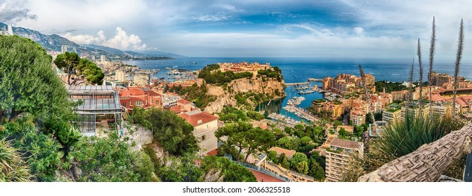 Panoramic view of Monte Carlo, La Condamine, Monaco City and the port of Fontvieille, Principality of Monaco, Cote d'Azur, French Riviera