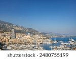 Panoramic view of Monte Carlo marina and cityscape. Principality of Monaco, French Riviera