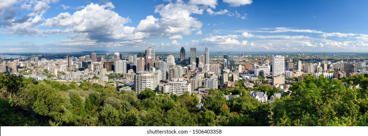 Panoramic View Of Montreal Skyline From The Mount Royal Overlook.