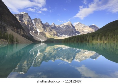 Panoramic view of Moraine Lake in Canadian Rockies