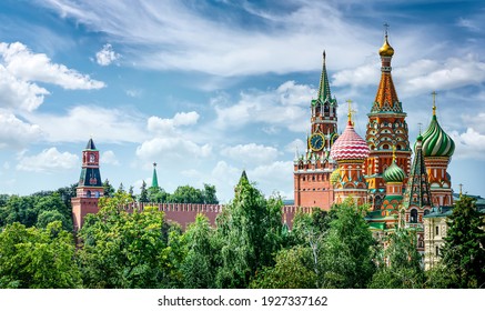 Panoramic view of Moscow Kremlin and St Basil's Cathedral, Russia. Moscow. The Red Square., Spasskaya Tower symbol of Moscow and Russia.  